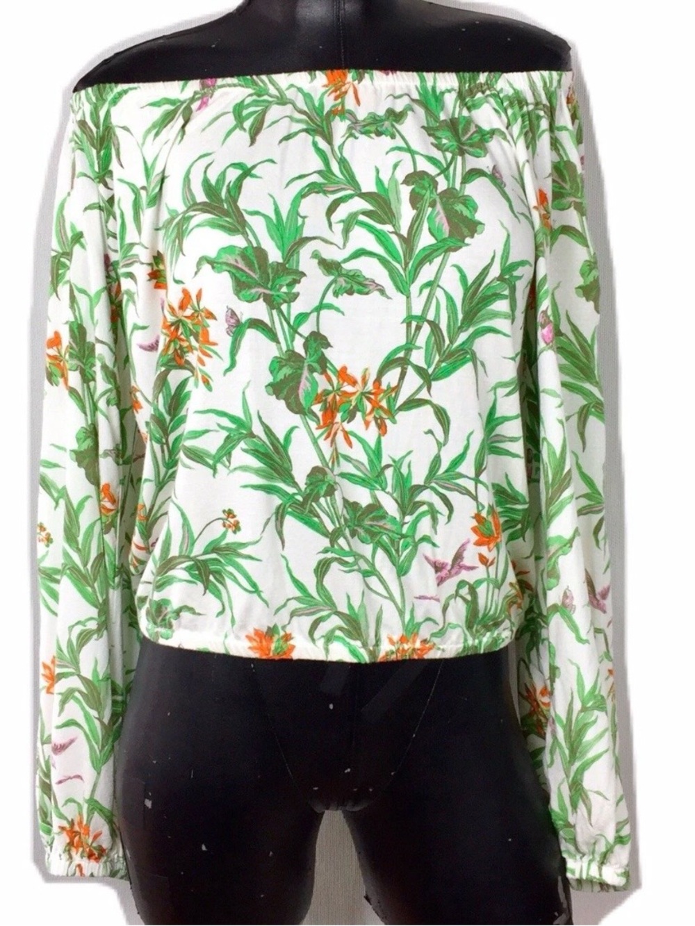 Anthropologie White Off-Shoulder Blouse with Green and Orange Floral Print